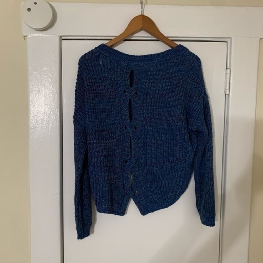 Express Blue Cable Knit Split Back Sweater Small - image 6